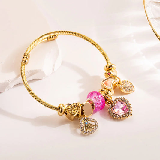 Gold Titanium Steel Heart & Bee Charm Bracelet for Women