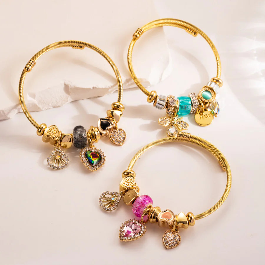 Gold Titanium Steel Heart & Bee Charm Bracelet for Women