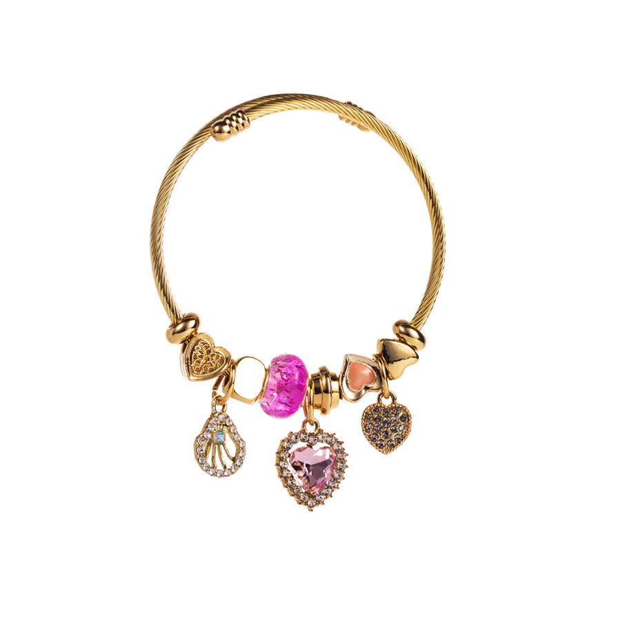 Gold Titanium Steel Heart & Bee Charm Bracelet for Women