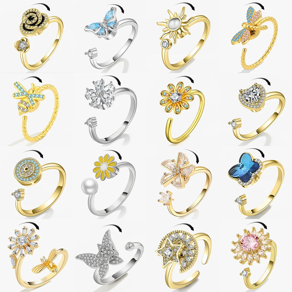 Fidget Spinner Ring Anxiety for Women Multiple Crystal Flower Eye Butterfly Animal Ring Rotate anti Stress Wedding Jewerly