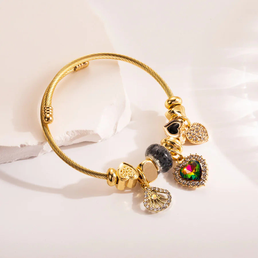 Gold Titanium Steel Heart & Bee Charm Bracelet for Women