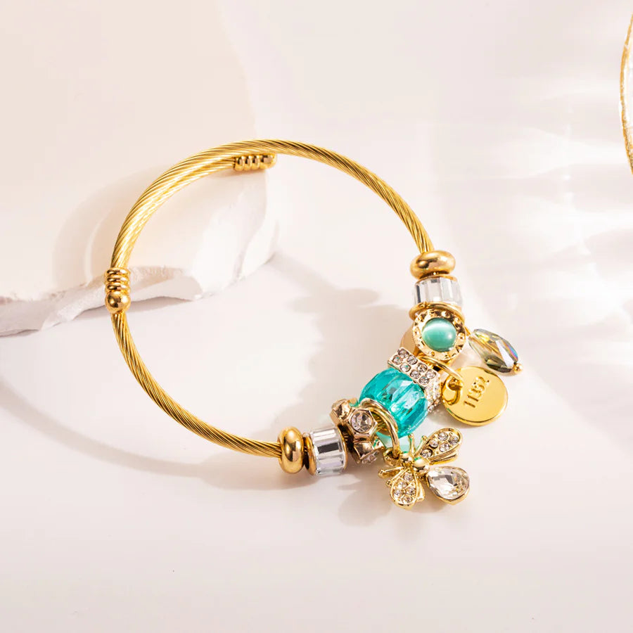 Gold Titanium Steel Heart & Bee Charm Bracelet for Women
